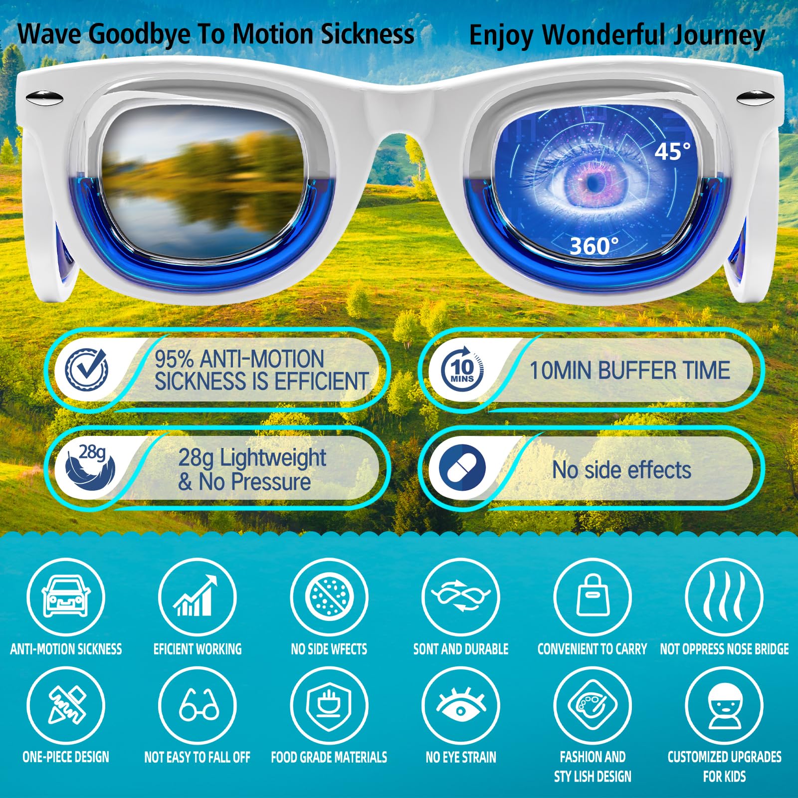 Hion kids anti-motion glasses side view helps on planes and boats.