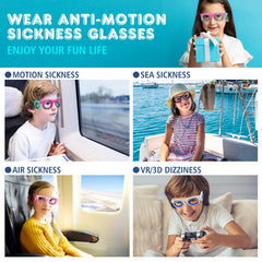 Hion Kids Anti-Motion Glasses in travel bag ready for car trips and flights
