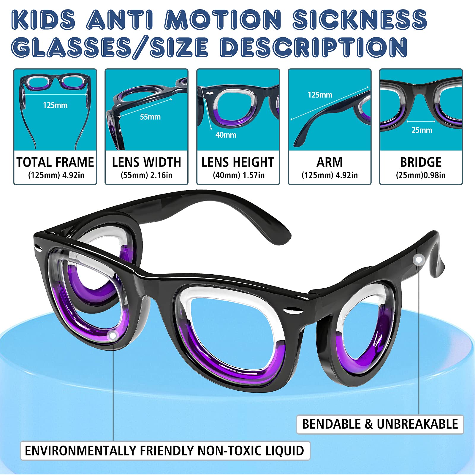 Hion Kids Liquid Glasses closeup reveals slim, lightweight construction for easy wear