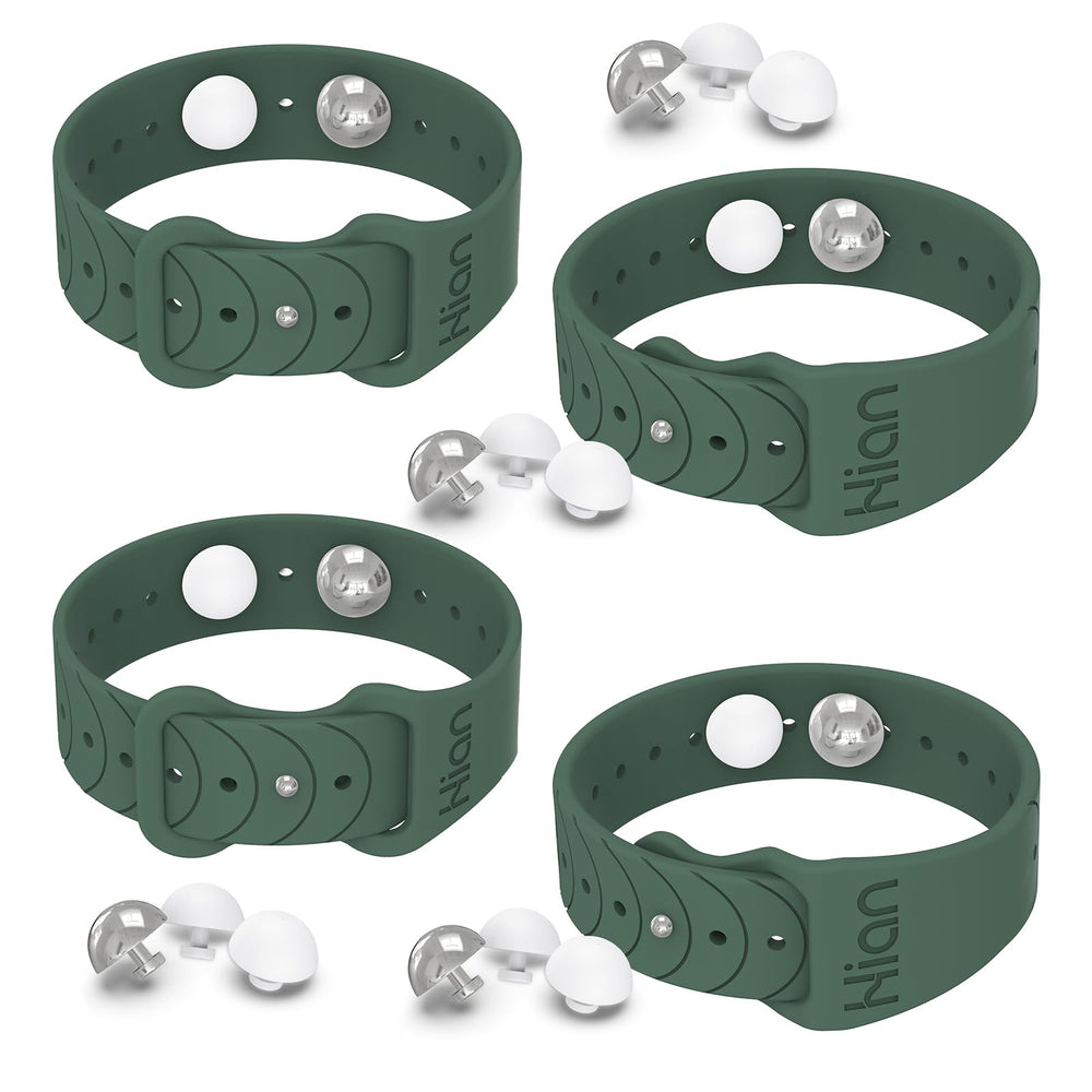 Hion Motion Sickness Bands Pine Green Pack ready for travel and comfort.