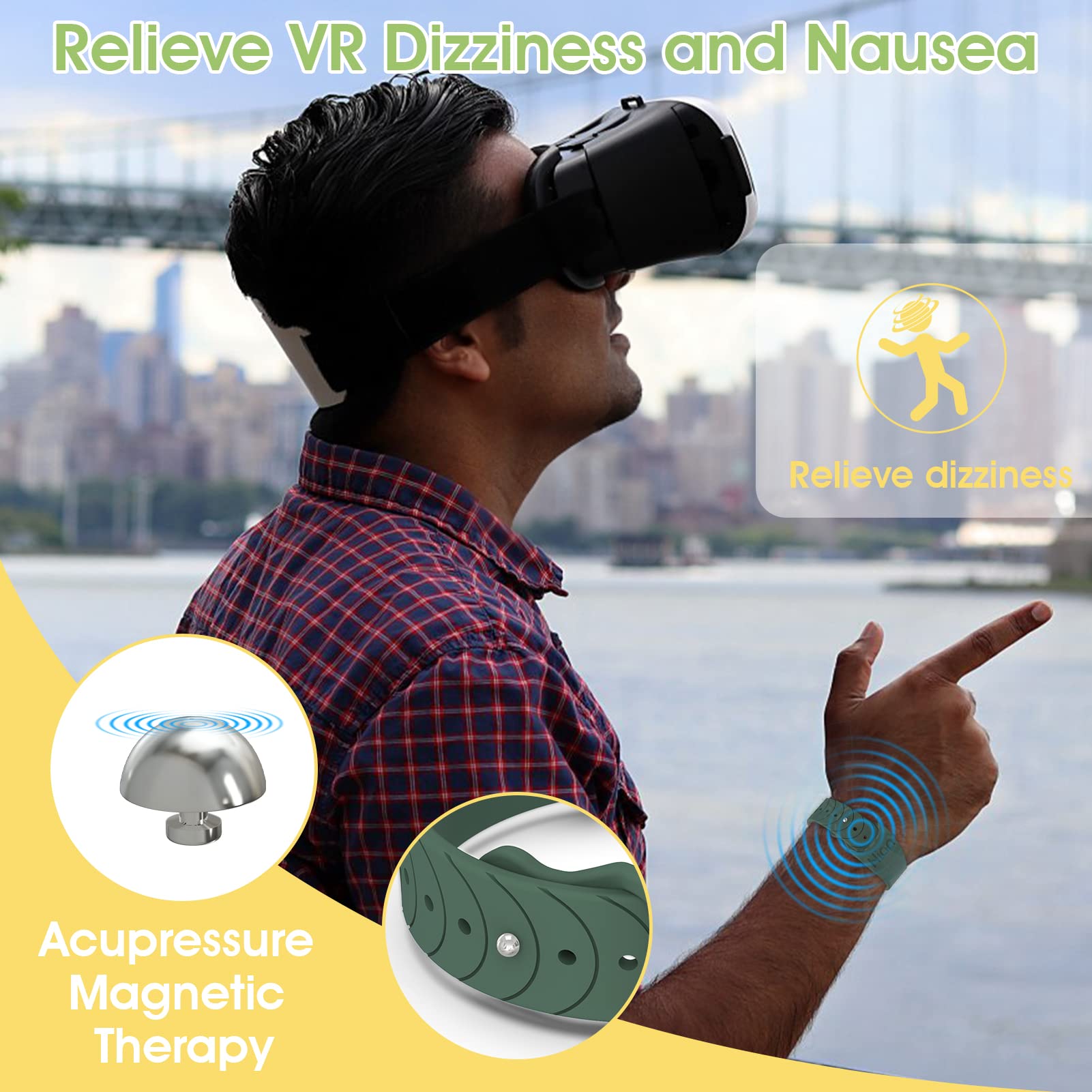 Hion bands worn on inner wrist for natural nausea relief during travel.