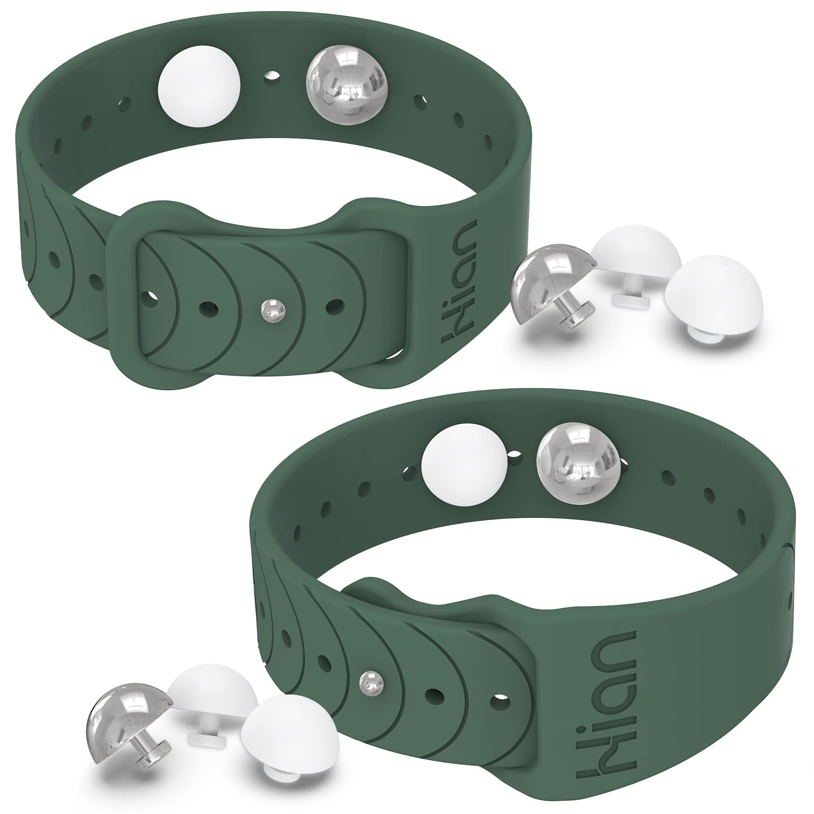 Hion motion sickness bands worn on the wrist in pine green may ease travel nausea