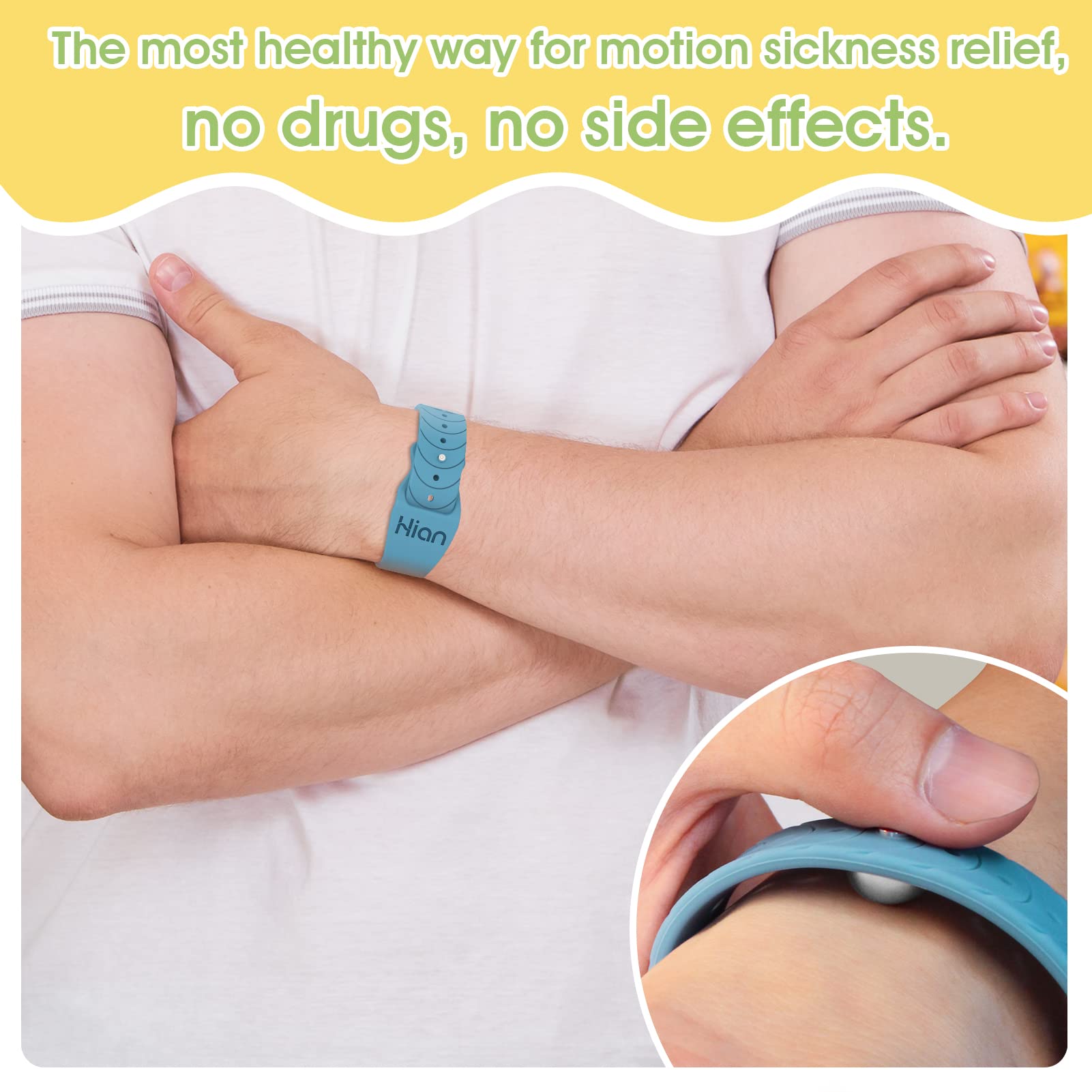 Hion motion sickness bracelets black strap closeup demonstrates adjustable fit for comfort