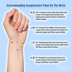Hion motion-sickness bracelets on pregnant user for morning nausea support.