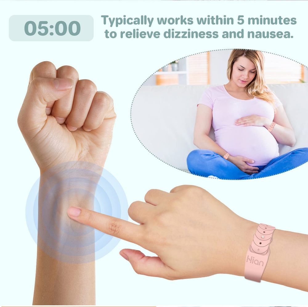 Hion motion sickness bracelet white pair close-up of acupressure beads and points