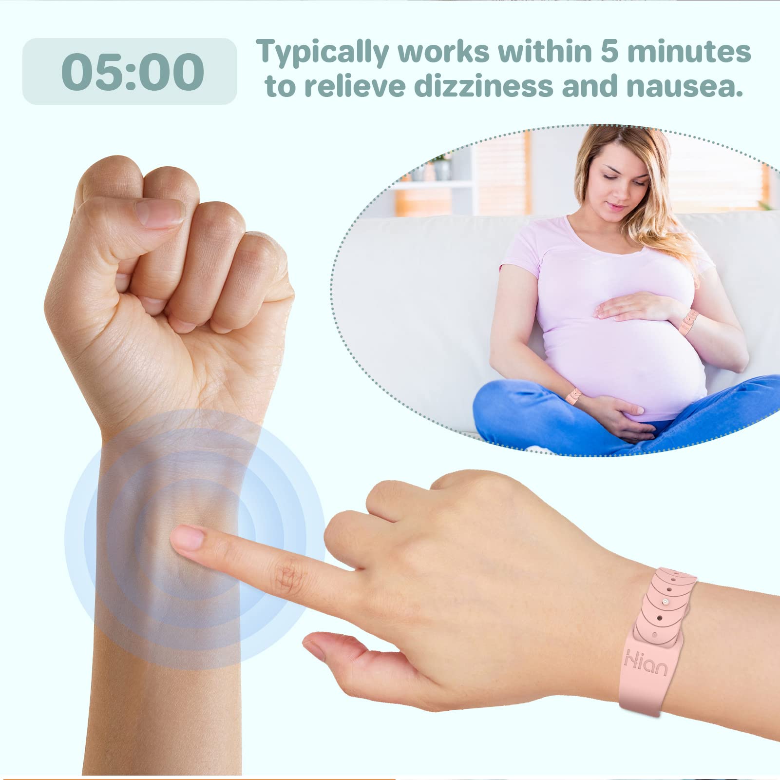 Hion motion sickness bracelet being worn on wrist with comfortable fit.