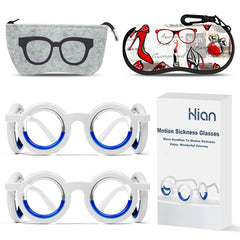Hion motion sickness glasses folded in case provide portable travel comfort.