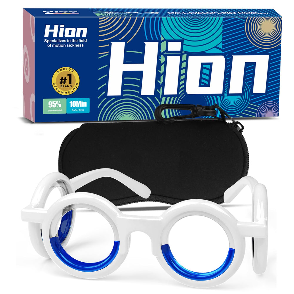 Hion Motion Sickness Glasses folded for travel, compact and lightweight for easy packing.