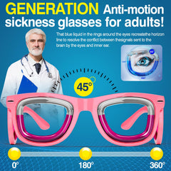 Hion motion sickness glasses closeup shows colorful liquid-filled rims for immersive comfort