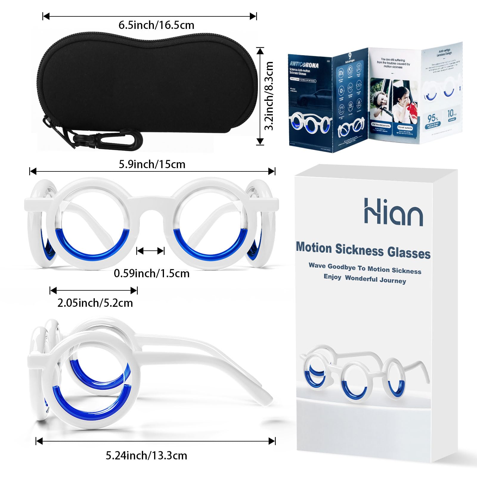 Hion Motion Sickness Glasses liquid-filled circle adapts to motion for visual balance.