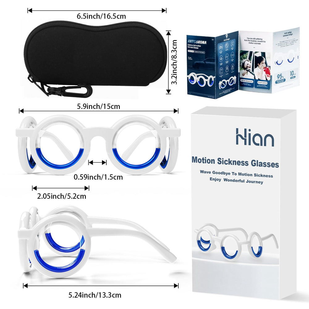 Hion Motion Sickness Glasses liquid-filled circle adapts to motion for visual balance.