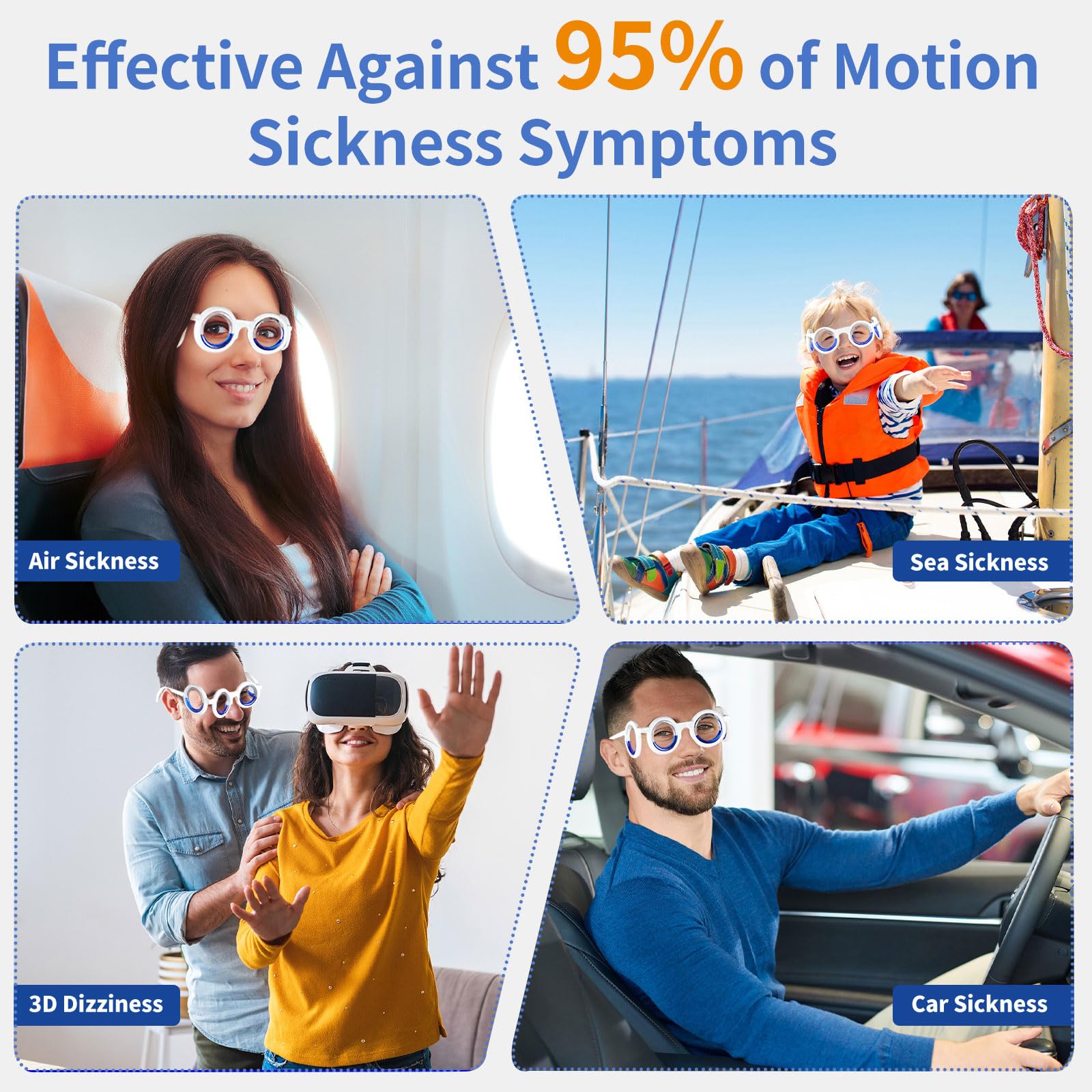 Hion Motion Sickness Glasses no-lens liquid design supports safe travel comfort.