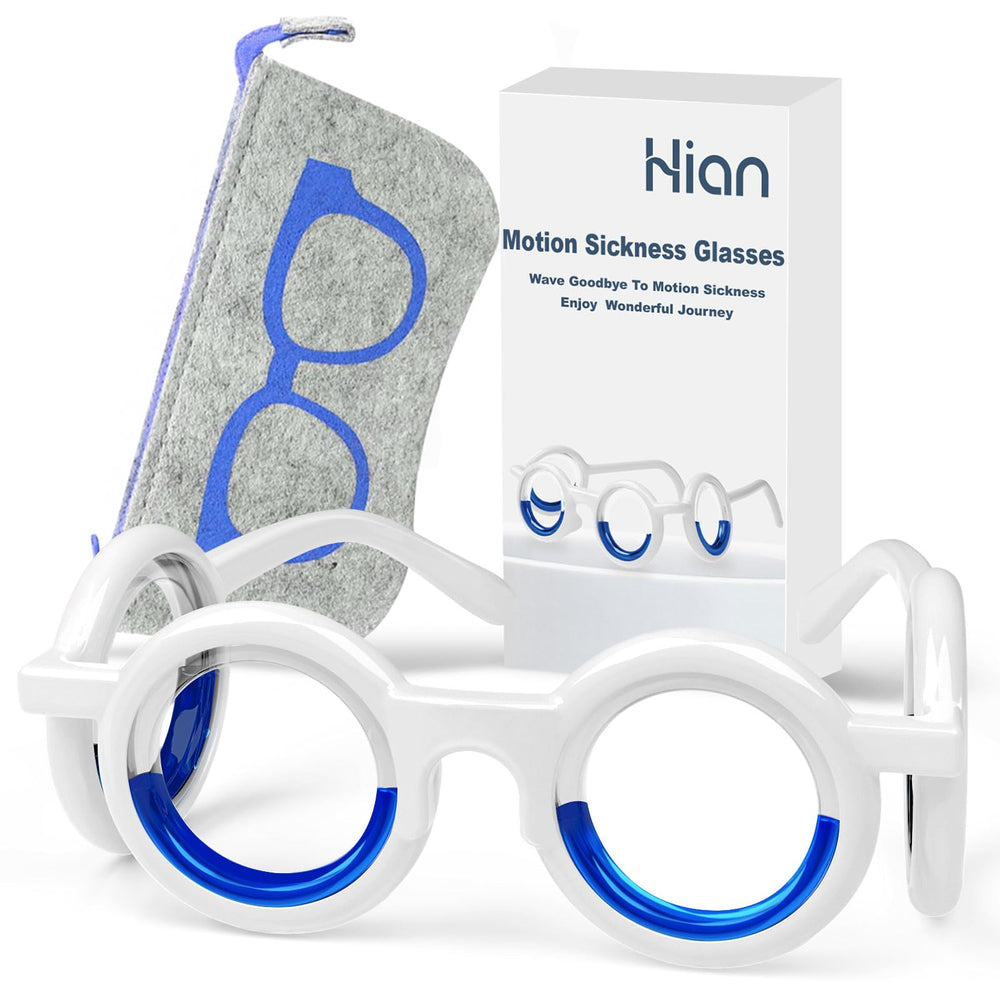 Hion Motion Sickness Glasses pack with travel pouch for portable relief on trips.