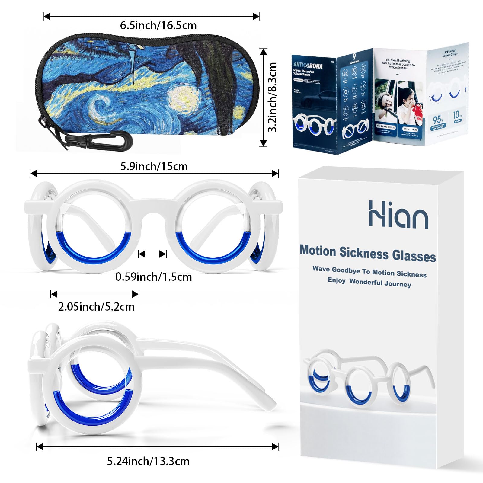 Hion Motion Sickness Glasses Starry pack with red bag for storage.