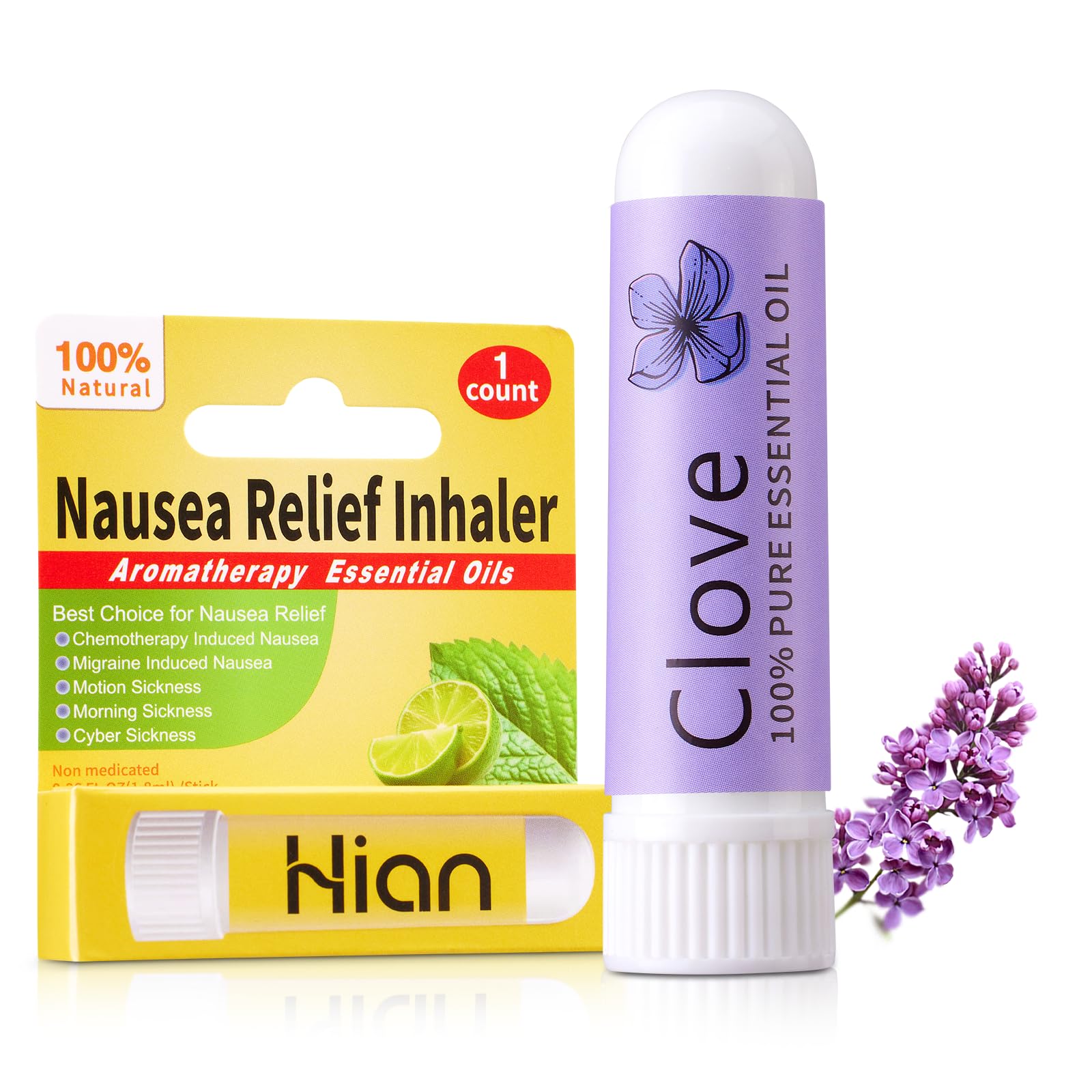 Hion Nausea Relief Inhaler packaging with compact design and natural clove oil.