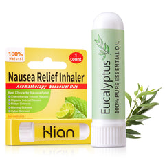 Hion Nausea Relief Inhaler packaging demonstrates portable aromatherapy for nausea relief anywhere.