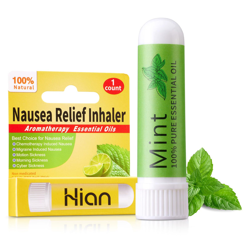 Hion Nausea Relief Inhaler Mint packaging shows compact, travel-ready design for on-the-go relief.