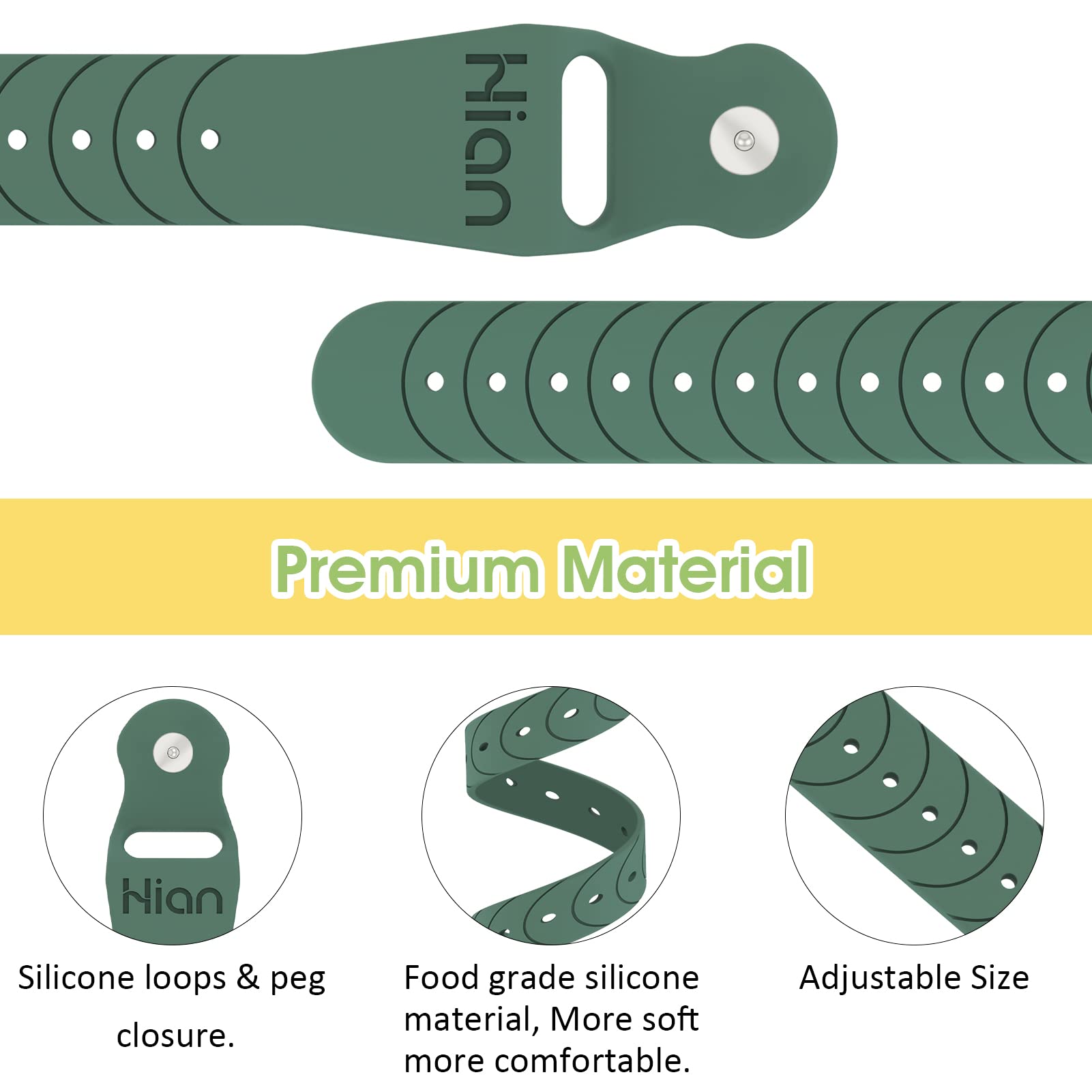 Hion pine-green wristband close-up showing clip design for a secure fit