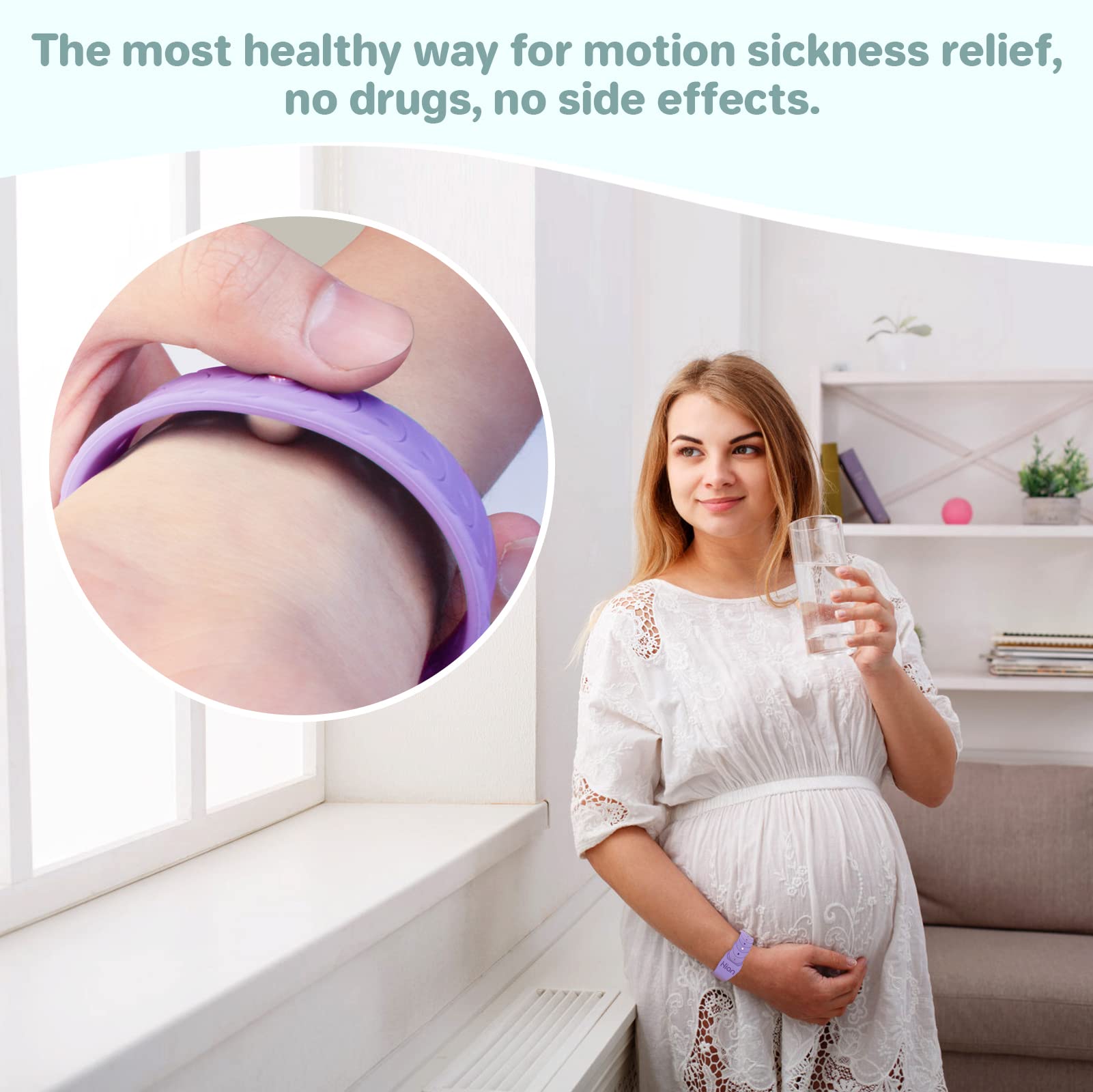 Hion sea sickness wristbands showing inner-wrist beads for nausea relief during travel.