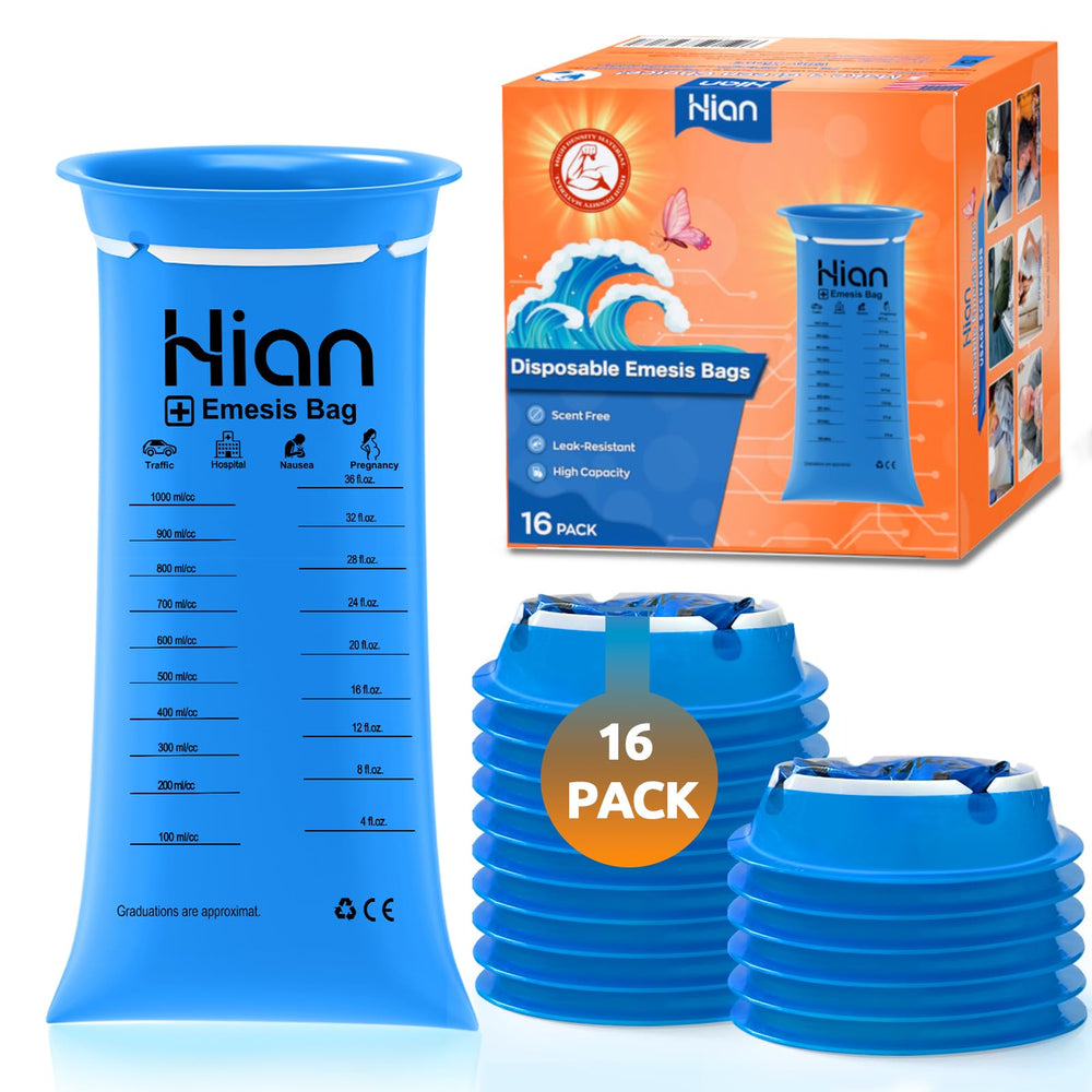 Hion Vomit Bags disposable 16-pack front view shows durable, travel-friendly design