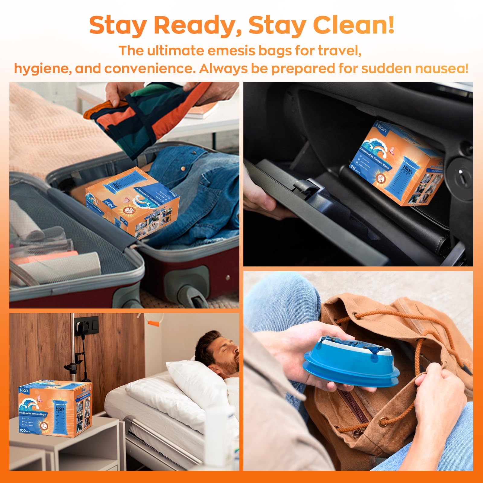 Hion medical-grade puke bags suitable for home, hospital, and office.