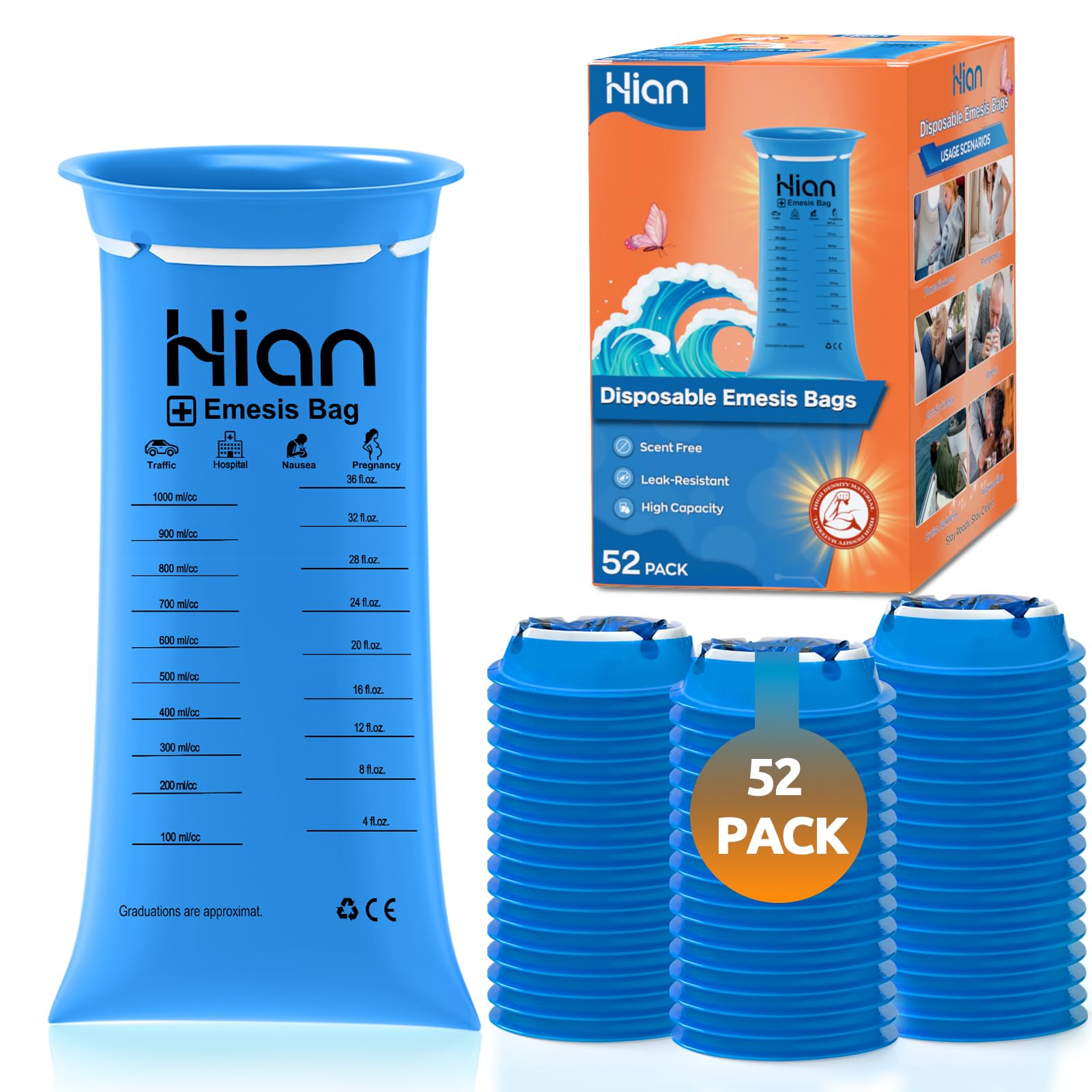 Hion Vomit Bags packaging box showing portable, leak-proof design for quick travel.