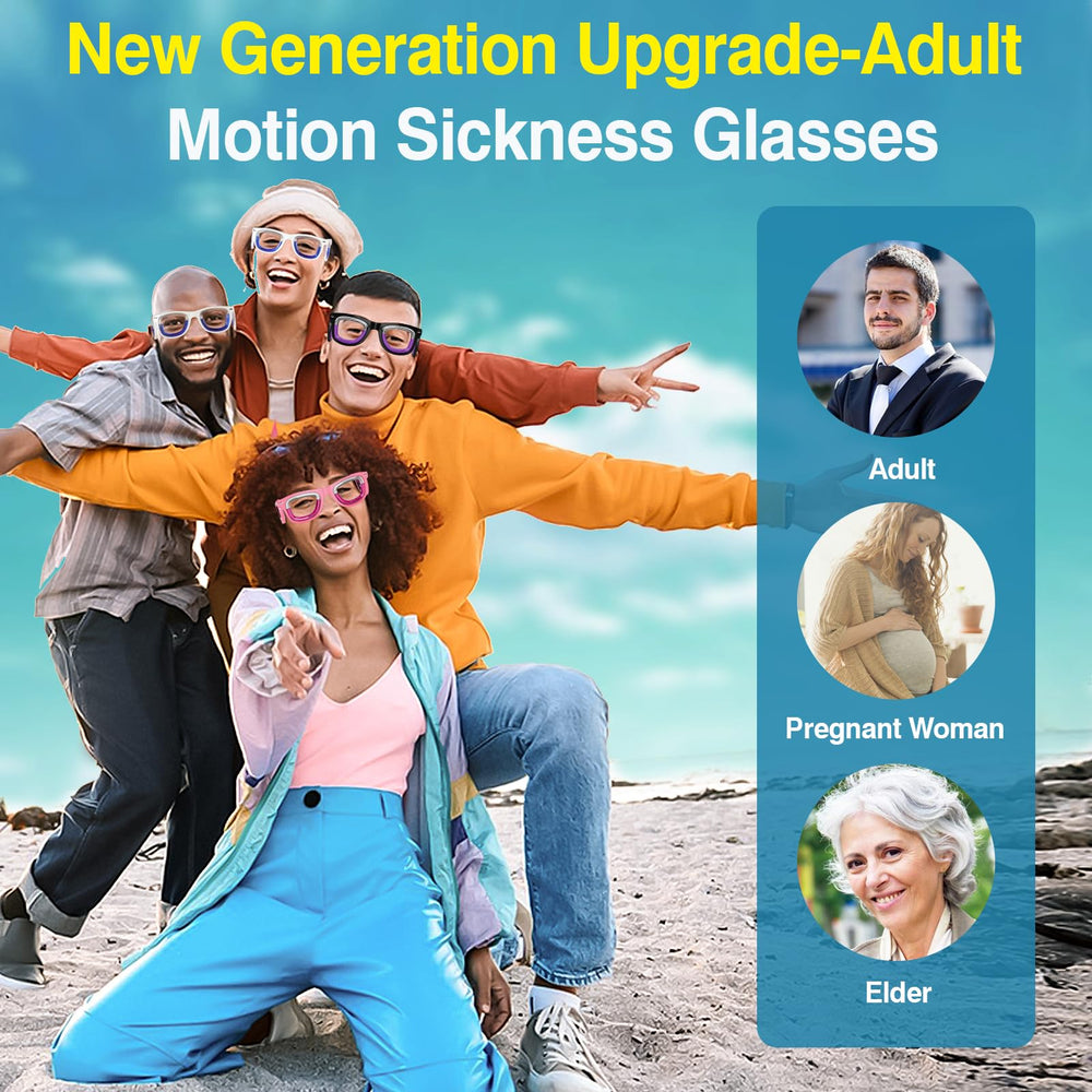 Hion glasses worn on plane illustrating portable nausea relief during travel