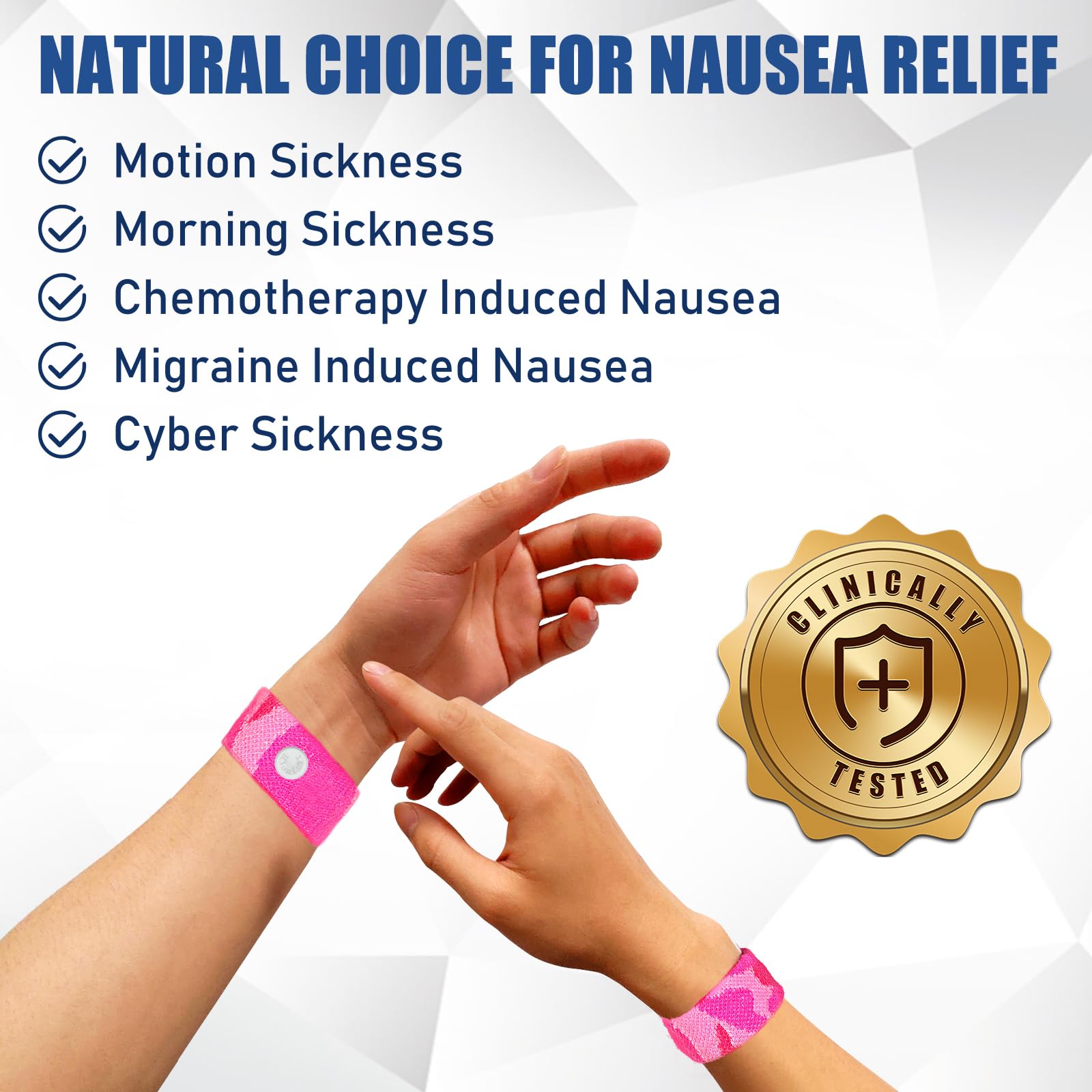 Hionfurt acupressure wristbands aligned with Nei-Kuan point for drug-free nausea relief.