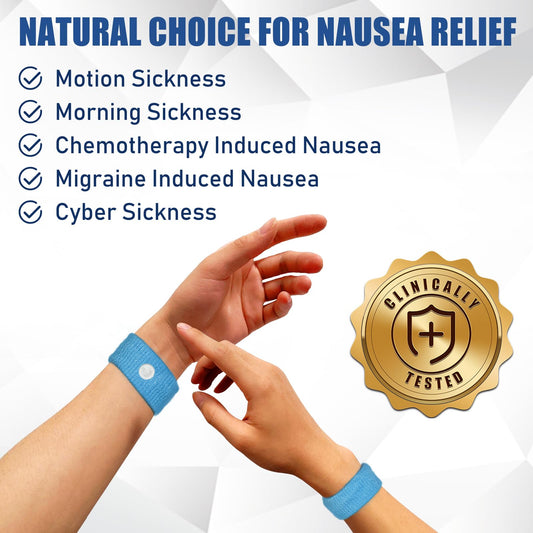 Hionfurt blue acupressure wristbands worn on wrist for nausea relief.