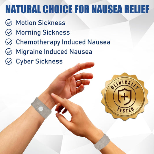 Hionfurt grey wristband on wrist demonstrates acupressure-based nausea relief for travel.