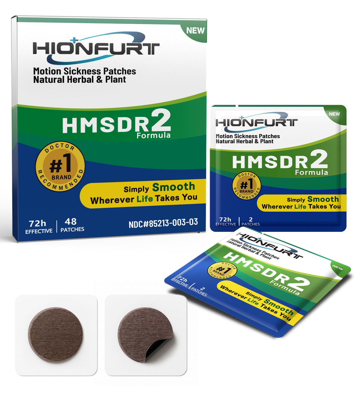 Hionfurt HMSDR2 patch box showing travel-ready packaging with non-drowsy relief potential