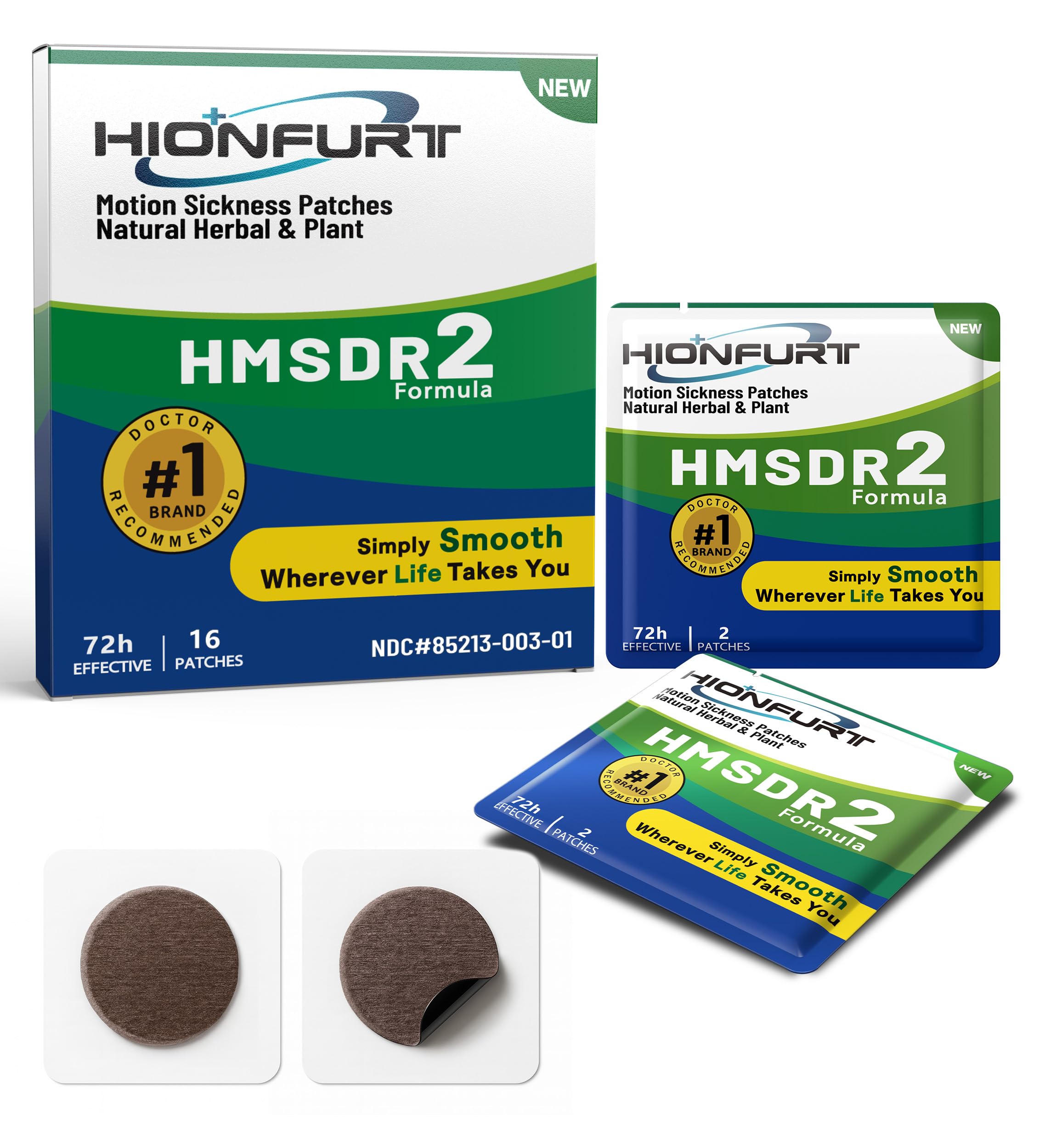 Hionfurt HMSDR2 patch pack ready for travel, plant-based relief for motion discomfort.