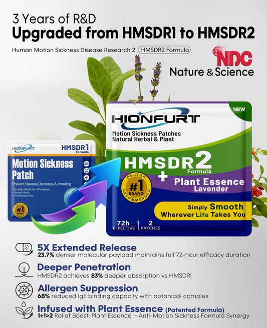 Hionfurt HMSDR2 patch strip applied to skin showing lavender-infused motion relief