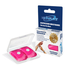 Hionfurt motion sickness bands worn on wrist for portable nausea relief during travel.