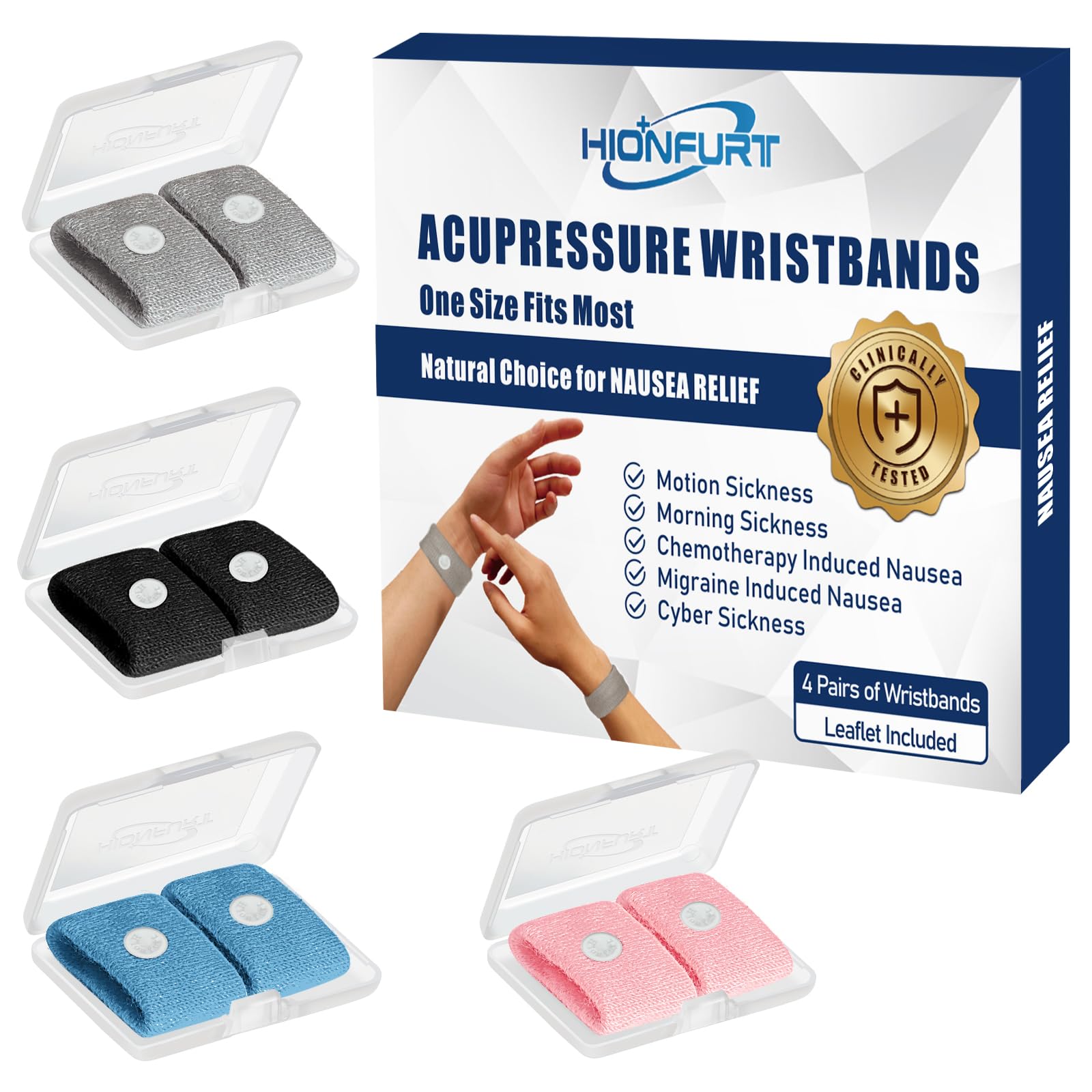 Hionfurt motion sickness bands on packaging show portable, drug-free nausea relief for travel.