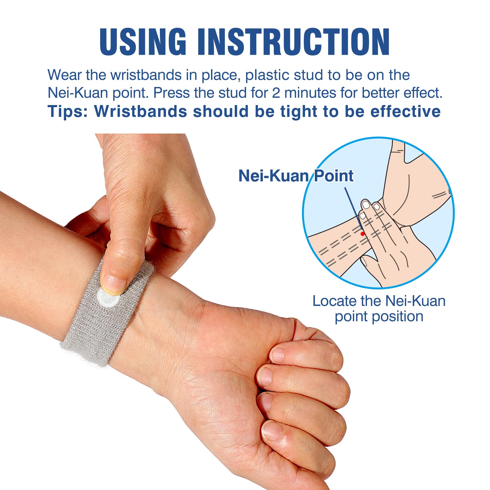 Hionfurt motion sickness bands near Nei-Guan point demonstrate acupressure relief concept.