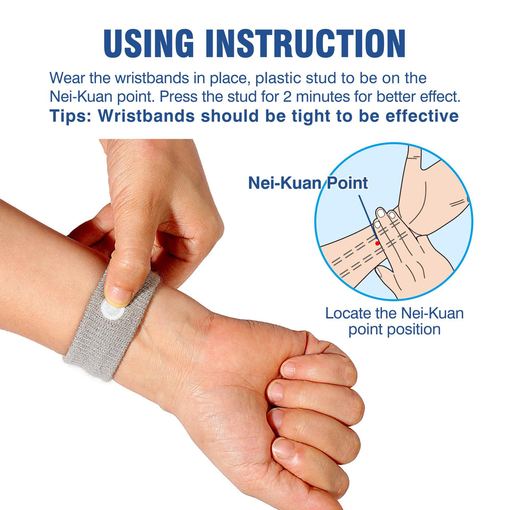 Hionfurt motion sickness bands near Nei-Guan point demonstrate acupressure relief concept.