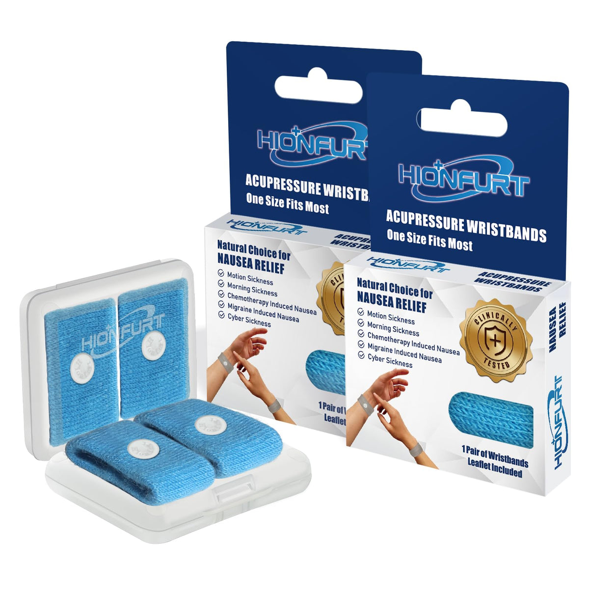 Hionfurt blue motion sickness bands package front view for travel nausea relief.