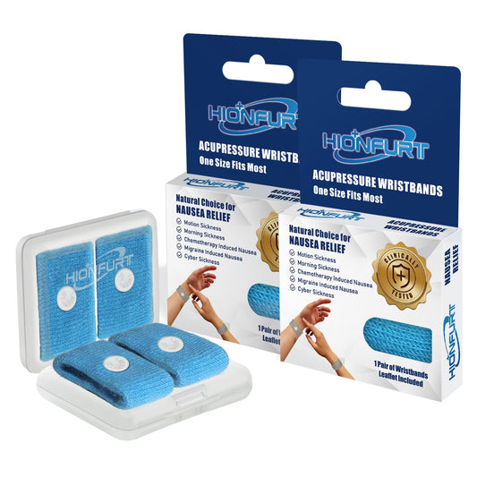 Hionfurt blue motion sickness bands package front view for travel nausea relief.
