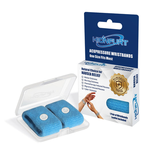 Hionfurt motion sickness bands packaging shown for on-the-go relief
