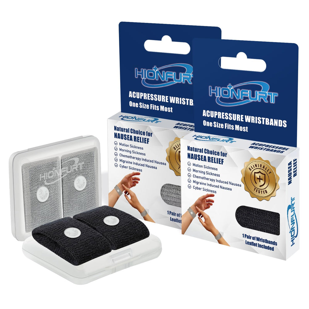 Hionfurt motion sickness bands in packaging, travel-ready nausea relief.