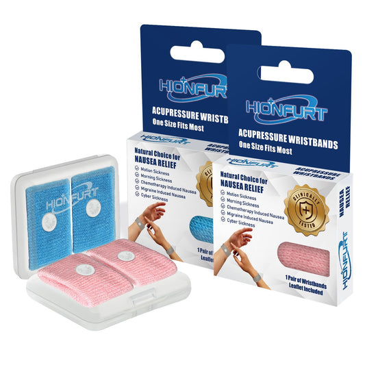 Hionfurt Motion Sickness Bands kit with two color pairs for on-the-go nausea relief