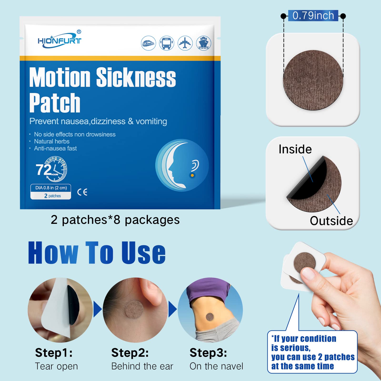 Hionfurt motion sickness patches patch-closeup highlights breathable, skin-friendly backing for extended wear.