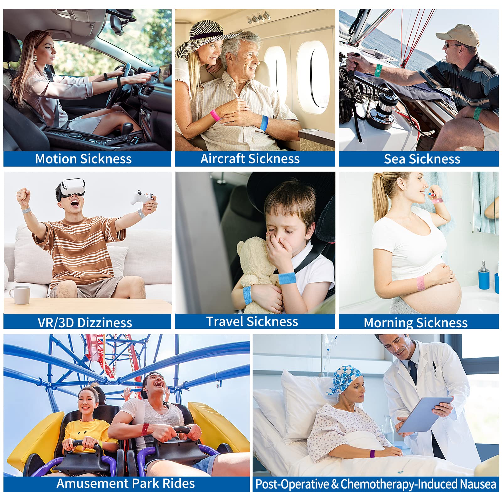 HIONXMGA kid-and-adult-fit wristbands worn during cruise travel for nausea relief
