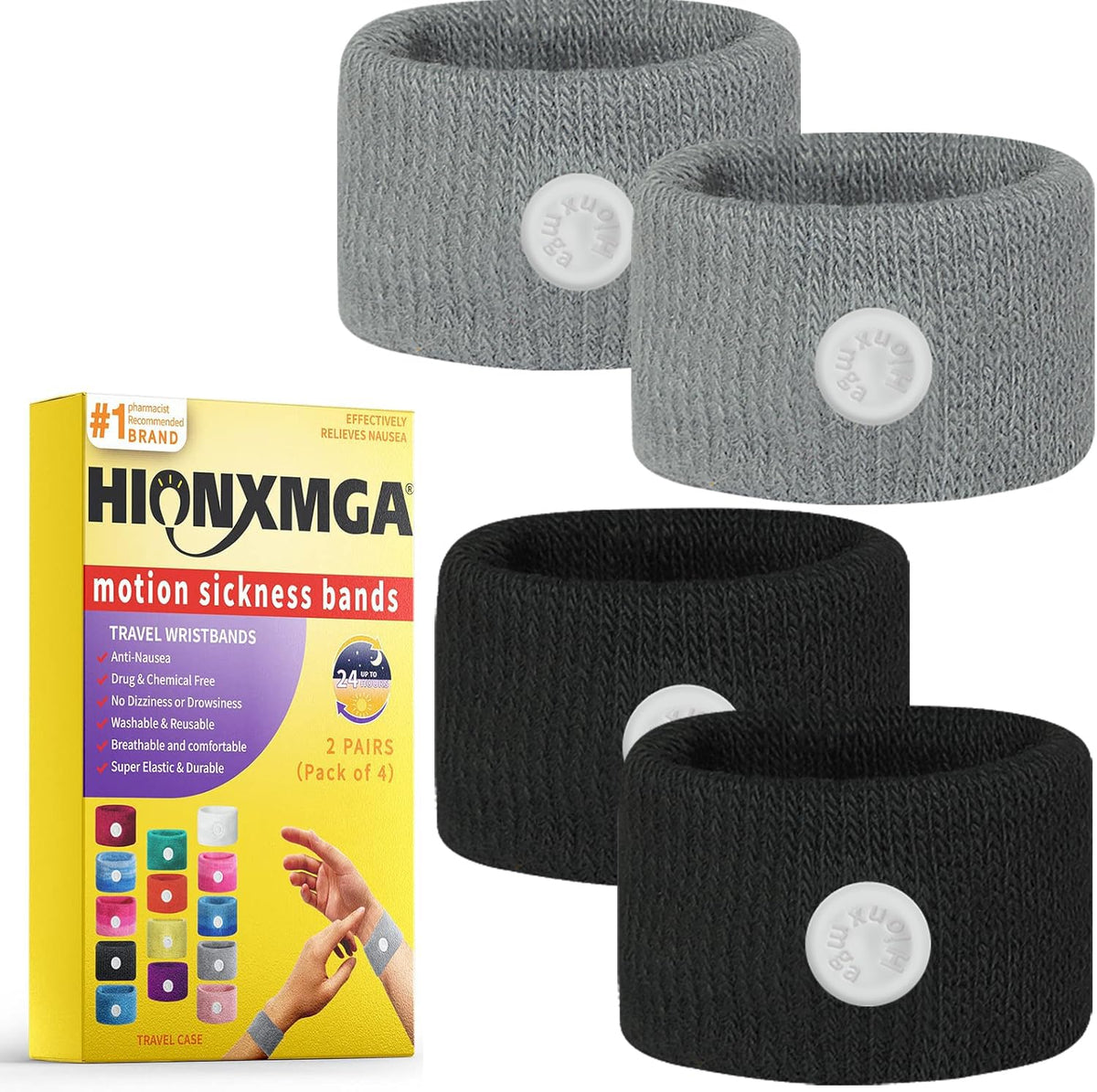 HIONXMGA motion sickness bands on wrists provide natural nausea relief during travel.