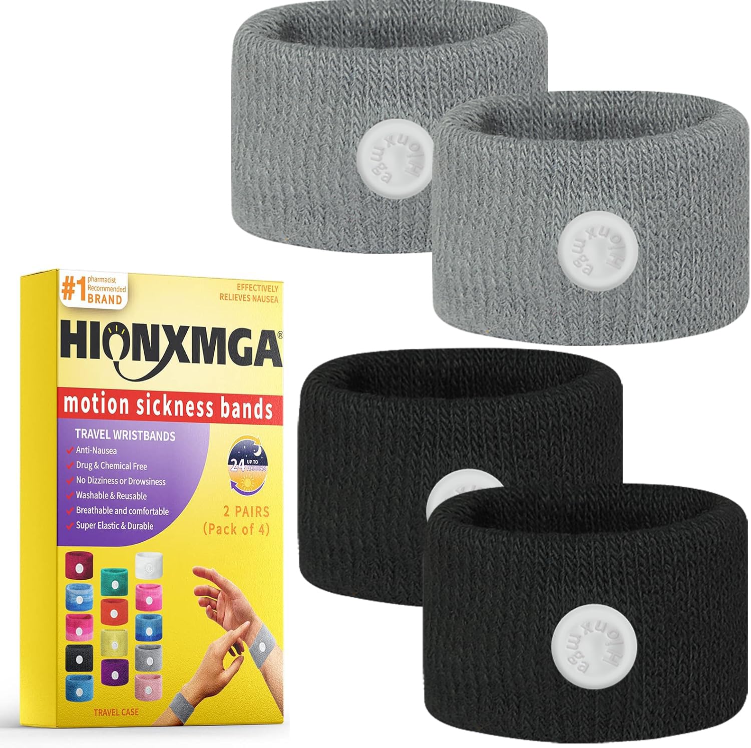 HIONXMGA motion sickness bands on wrists provide natural nausea relief during travel.