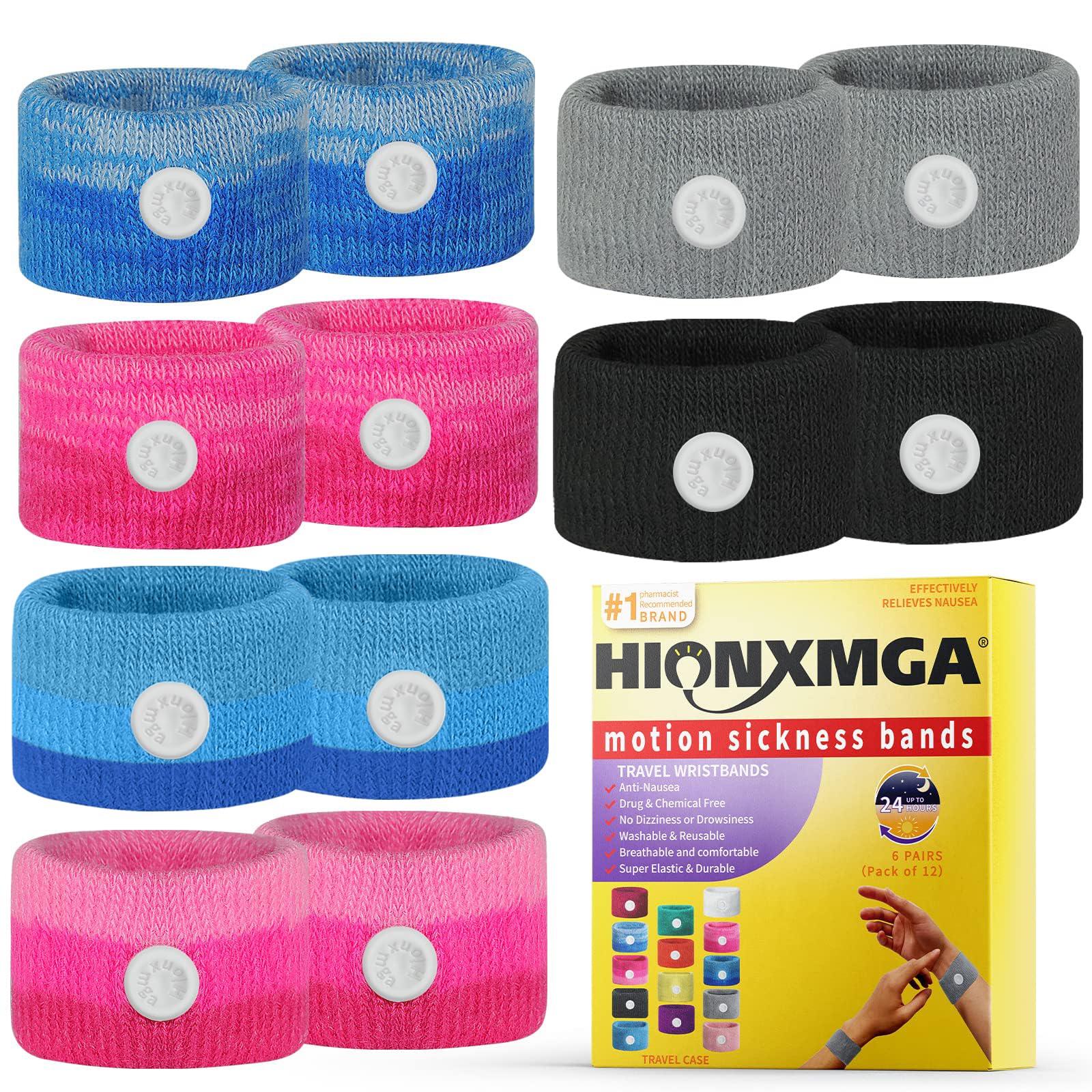 HIONXMGA motion sickness bands 6-pairs pack provide compact travel relief on car rides.