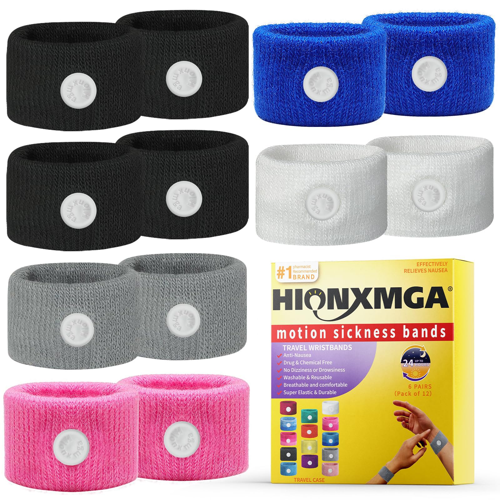 HIONXMGA motion sickness bands pack—colorful, travel-ready relief for nausea on the go.