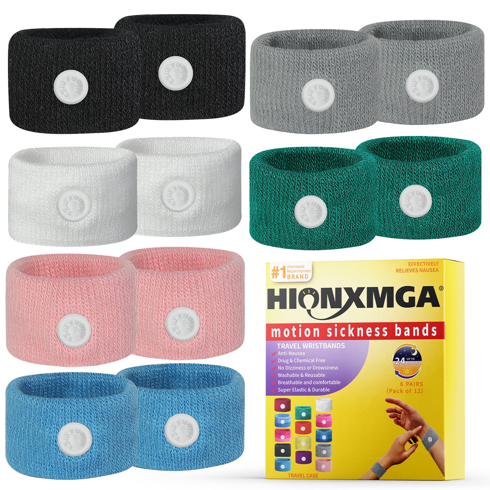 HIONXMGA motion sickness bands wrist closeup showing comfortable acupressure fit for nausea relief