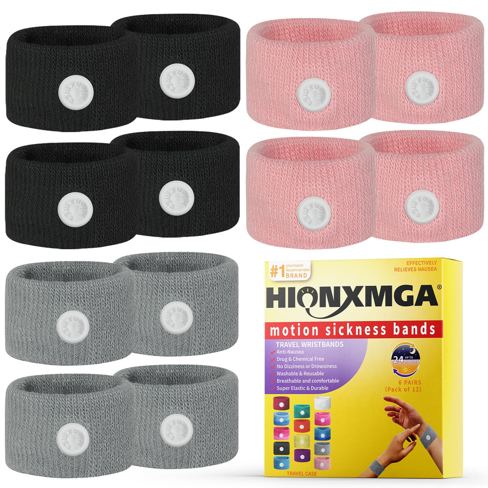 HIONXMGA motion sickness bands pack for travel-ready nausea relief.
